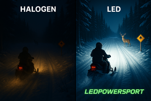 Split image of halogen vs LED snowmobile headlights at night; dim halogen beam vs bright, focused LED lighting with clear trail and signage.
