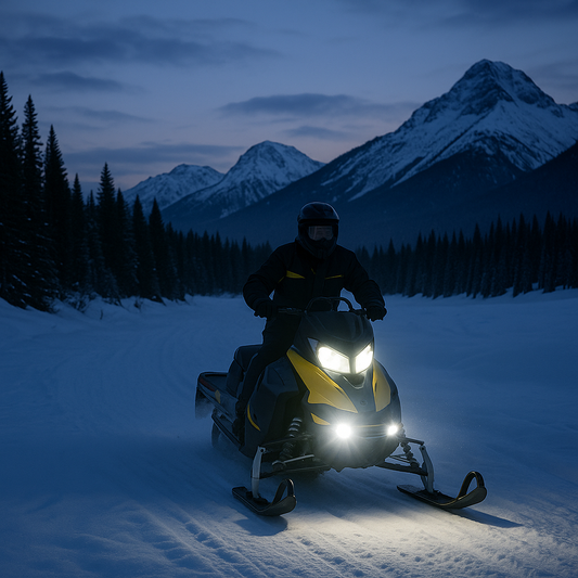 Snowmobile with bright white LED headlights riding through snowy mountain terrain at dusk with a dark forest and rugged peaks in the background.