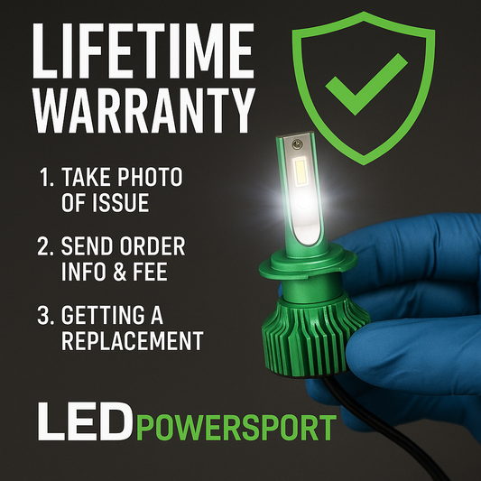 Gloved hand holding green LEDPowersport LED headlight bulb with lifetime warranty steps and shield icon – snowmobile LED replacement instructions