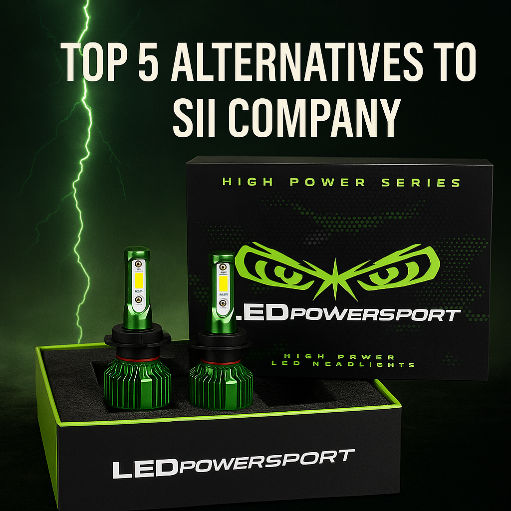 LEDPowersport LED kit with green bulbs and box under lightning. Text reads “Top 5 Alternatives to SII Company.”