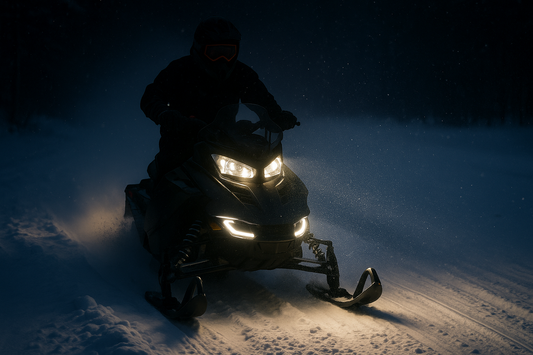 Snowmobile driving at night with bright white LED headlights cutting through snow — LEDPowersport High Power Series lighting upgrade.