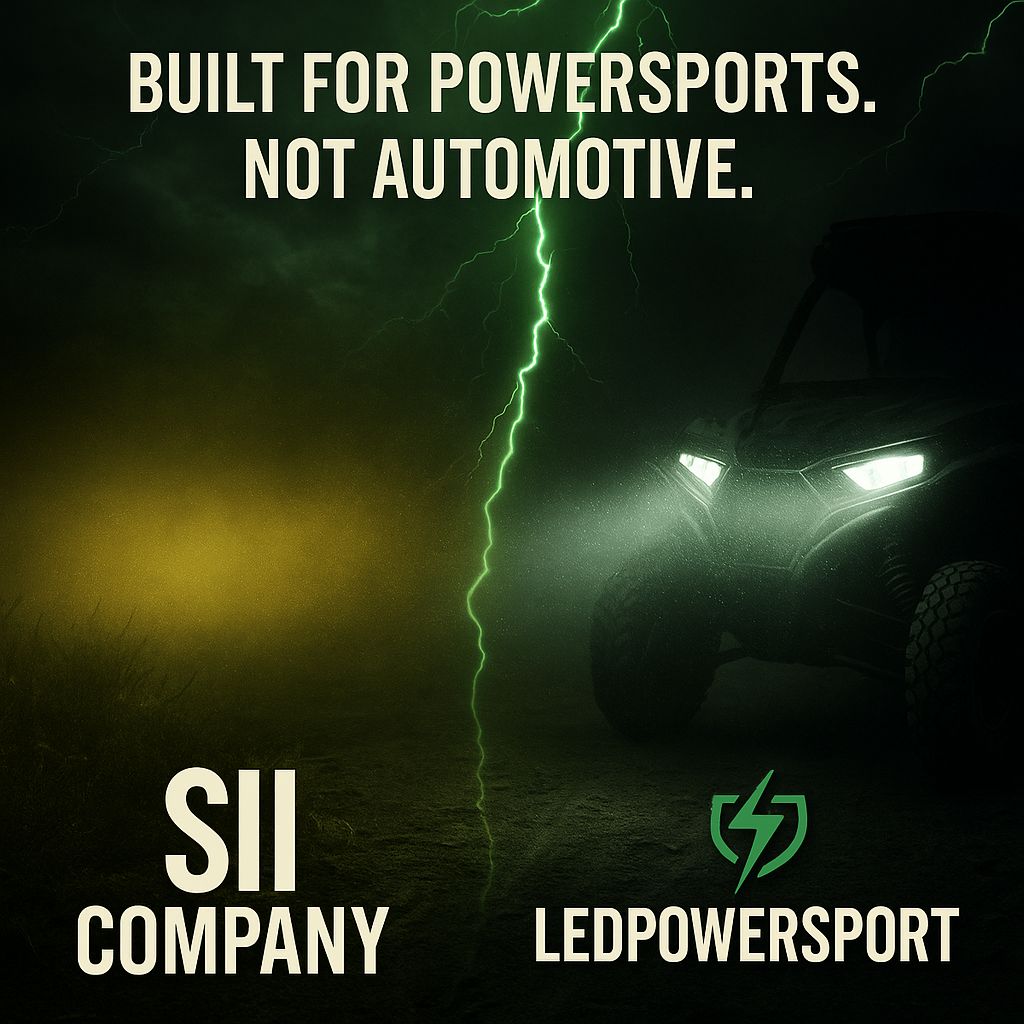 LED headlight comparison of SII Company vs LEDPowersport with yellow vs white beam and green lightning. Powersports vs automotive.