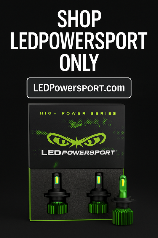 LEDPowersport High Power Series green LED headlight kit with official packaging and SHOP LEDPOWERSPORT ONLY banner
